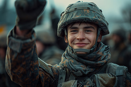 Portrait of a boy in a military uniform with a gun.の素材