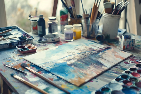 Paint brushes and palette with paints on a table in the artist's studioの素材