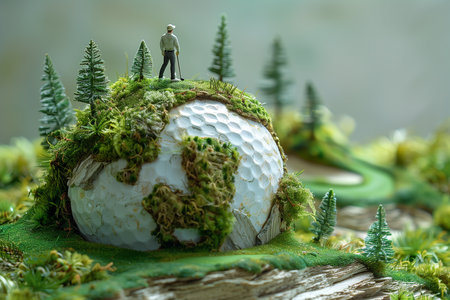 Miniature people: man standing on the golf ball with moss.の素材