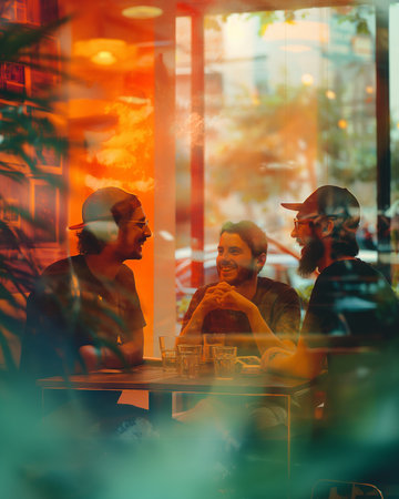 Group of friends having a coffee together in a cafe. Multiethnic group of young people sitting in a coffee shop.の素材