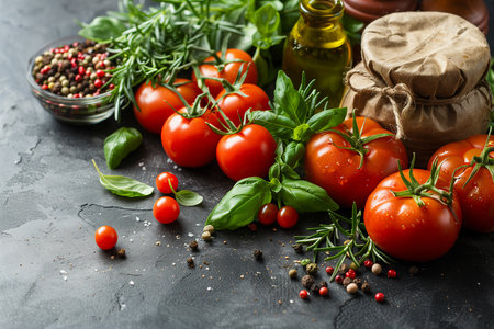 Tomatoes, basil, olive oil and spices on a dark backgroundの素材