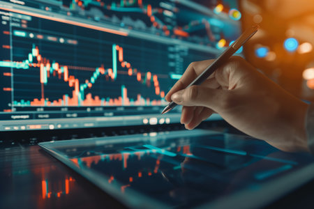 close up of businesswoman hand working with digital tablet and laptop computer with stock market chart on screenの素材