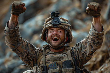 Desperate soldier screaming and clenching fists in the air. Military conceptの素材