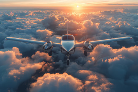 Passenger airplane flying above clouds at sunset. 3d render illustrationの素材