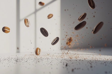 Flying coffee beans on white background with copy space. 3d renderingの素材