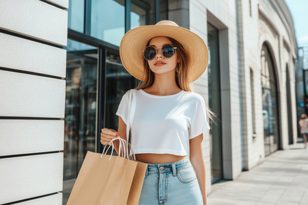 stylish young woman in straw hat and sunglasses holding shopping bags in cityの素材
