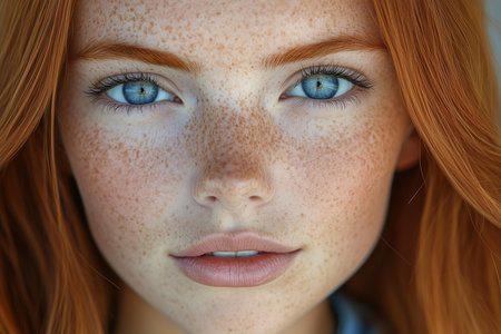 Close-up portrait of beautiful redhead girl with frecklesの素材