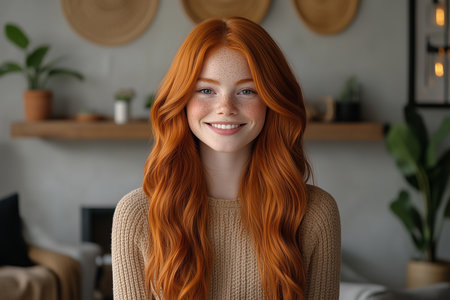 Portrait of smiling young redhead woman with freckles at homeの素材