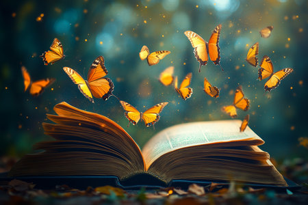 Open book with flying butterflies on bokeh background, nature conceptの素材