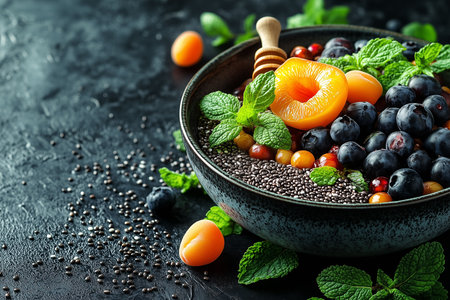 Healthy breakfast bowl with chia seedscot and blueberry on black backgroundの素材