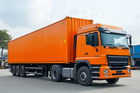 Orange truck with container on the road, freight transportation and logistics conceptの素材