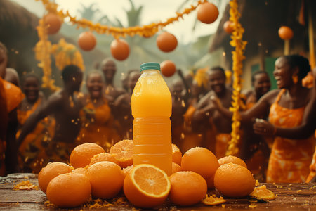 Orange juice and oranges on a wooden table in the background of a group of African peopleの素材