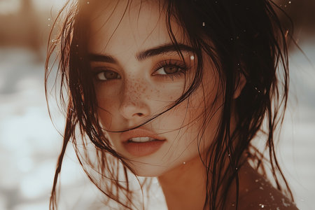Portrait of beautiful young woman with wet hair and frecklesの素材