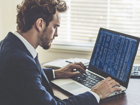Side view of young businessman using laptop while sitting at desk in officeの素材