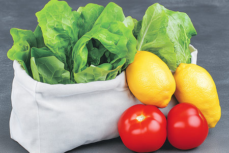 Lettuce, tomato and lemon in a shopping bag on a gray backgroundの素材