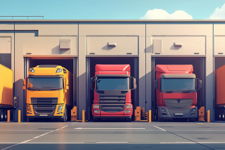 Trucks in a warehouse. 3d rendering toned imageの素材