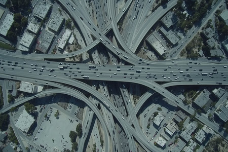 Aerial view of highway intersection in Los Angeles, California, USAの素材