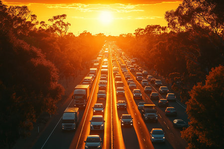 Aerial view of traffic jam on the highway at sunset, Australiaの素材