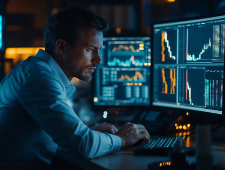Handsome trader working on computer at night in office. Stock market conceptの素材