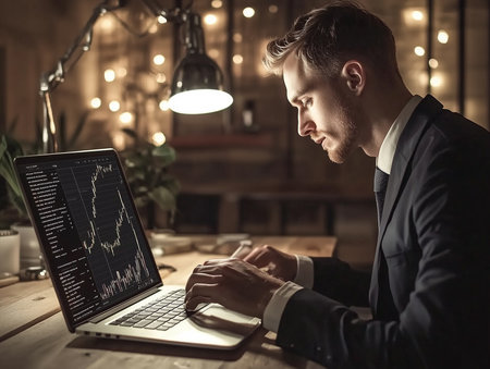 Businessman analyzing stock market data on laptop computer. Investment and trading concept.の素材