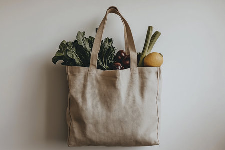 Eco bag with vegetables and fruits on a white background. Zero waste concept.の素材