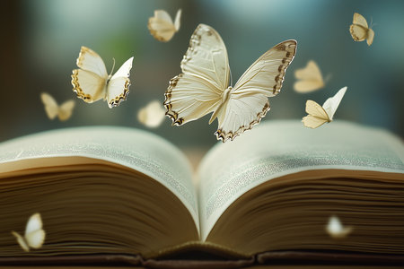 Butterflies flying from an open book, shallow depth of fieldの素材
