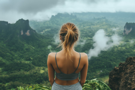 Back view of young woman standing on top of the mountain and looking at the valleyの素材