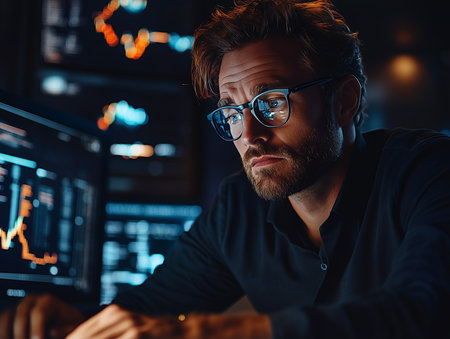 Portrait of a serious young businessman in glasses working on a computer at night.の素材