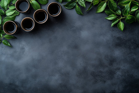 Japanese tea ceremony concept. Green tea leaves and cups on dark backgroundの素材