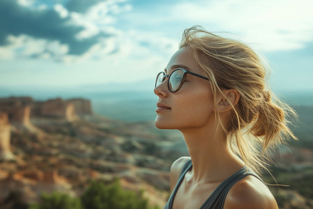 Portrait of a beautiful young woman with blonde hair in glasses on the background of mountainsの素材