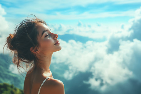 Beautiful young woman with long hair and blue sky on the backgroundの素材