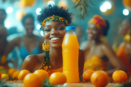 Beautiful african american woman with orange juice at spa.の素材
