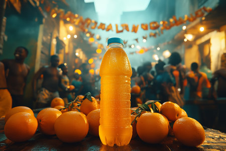 Orange juice in plastic bottle and group of people in the background.の素材
