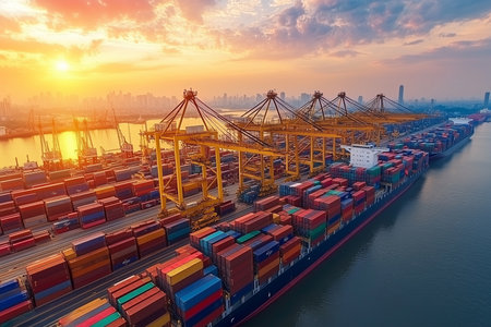 Container Cargo freight ship with working crane bridge at sunset for Logistic Import Export background.の素材