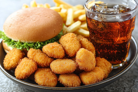 Plate with tasty chicken nuggets, cola and french fries on tableの素材