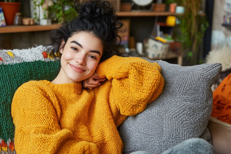 Portrait of a beautiful young woman in a yellow sweater lying on a sofa in the room.の素材