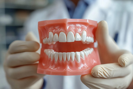 Dentist showing model of teeth in dental clinic, closeupの素材