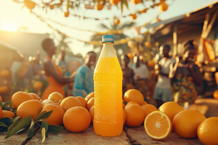 Fresh orange juice in bottle with group of african people on backgroundの素材