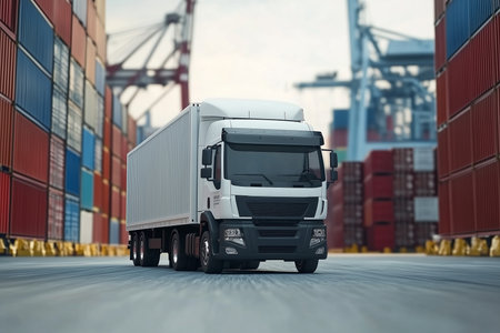 3D rendering of a truck in a container terminal. Cargo transportation concept.の素材