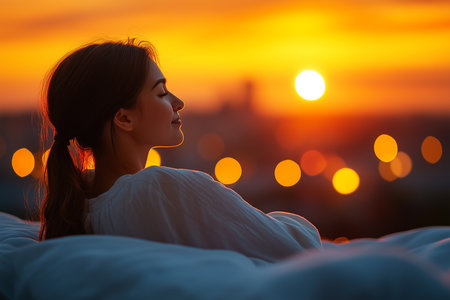 Beautiful young asian woman wake up in the morning on the bed with sunrise background.の素材