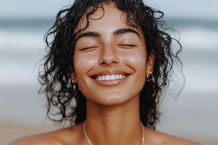 Close-up portrait of a smiling young woman with curly hair on the beachの素材