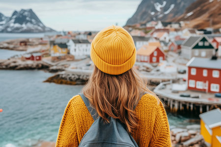 A girl in a yellow knitted hat and a yellow sweater is standing on the background of a picturesque city. Lofoten Islands, Norway.の素材