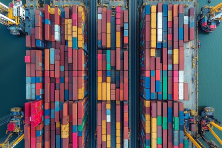 Container Cargo freight ship with working crane bridge for Logistic Import Export backgroundの素材