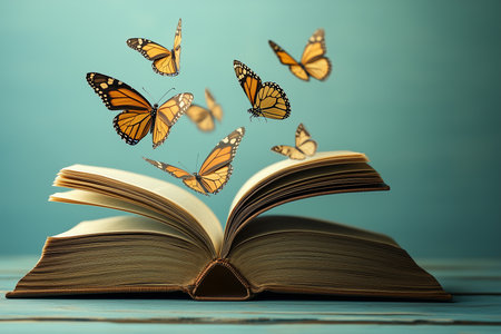 Open book with flying butterflies on light blue background. Education concept.の素材