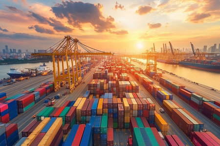 Container Cargo freight ship with working crane bridge at sunset for Logistic Import Export backgroundの素材