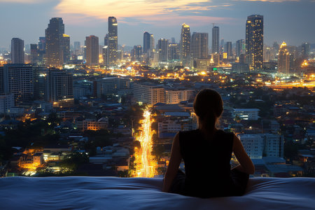 Silhouette of a woman sitting on the bed and looking at Bangkok cityscape at twilight.の素材