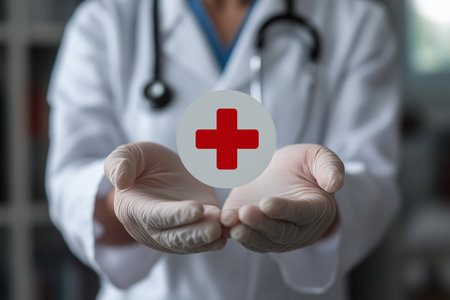 Doctor holding a medical cross in her hands. Healthcare and medical concept.の素材