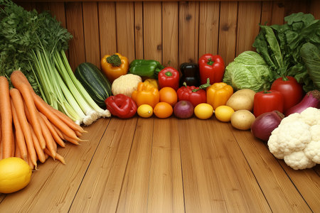 Fresh vegetables on a wooden background with space for text. Healthy food.の素材