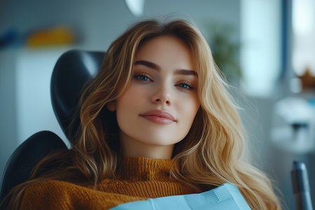 Portrait of a young beautiful woman sitting in a dental chair.の素材