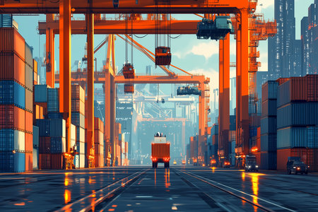 Containers in the port of Hamburg, Germany. 3D renderingの素材